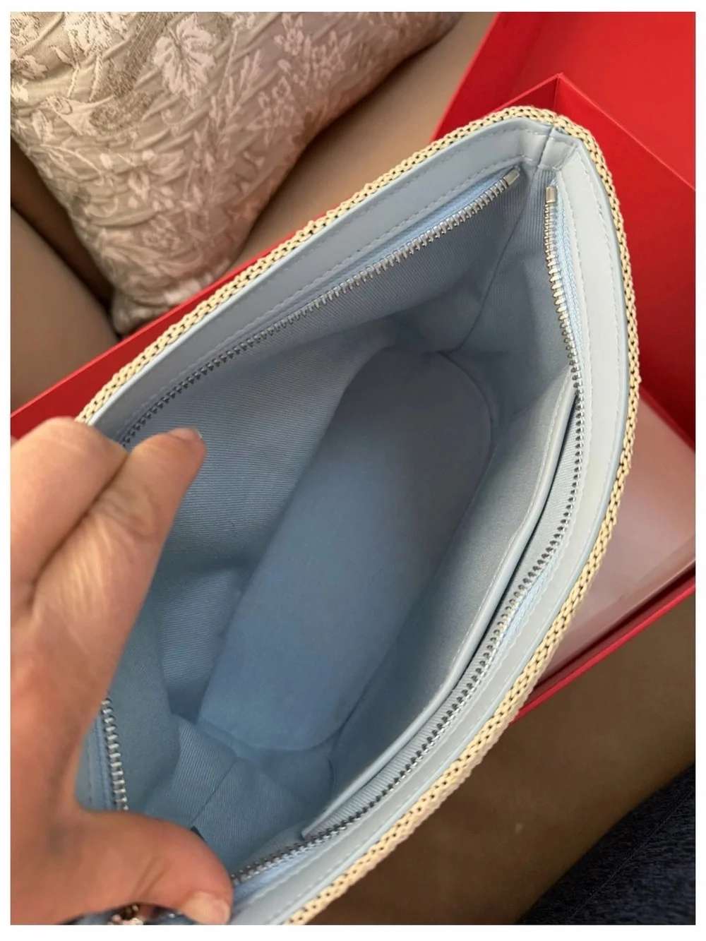 Salvatore Ferragamo Natural Canvas Pouch with Light Blue Logo